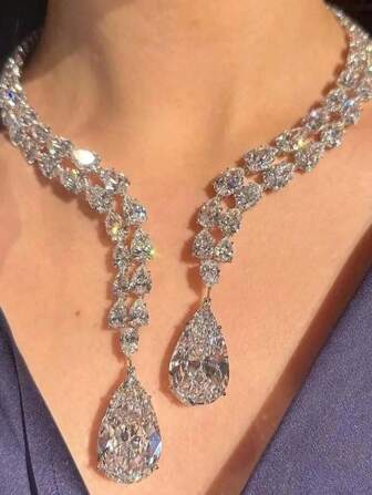 STONEFANS 1pc New Style Zirconia Double Layer Necklace, Versatile Fashion Water Drop Open Choker Sexy Collarbone Chain