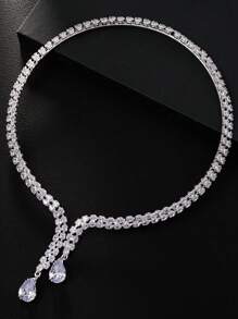 STONEFANS 1 件新款锆石双层项链，百搭时尚水滴开口颈链性感锁骨链 - 銀色 - 查看 6