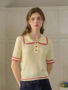 Simple Retro Blusa de manga corta elegante con cuello polo, flores 3D y detalles de contraste, para primavera y verano - Beis - Ver 2