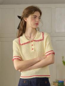 Simple Retro Blusa de manga corta elegante con cuello polo, flores 3D y detalles de contraste, para primavera y verano - Beis - Ver 4