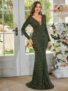 Long Sleeved V Neck Mermaid Hem Sequin Formal Dress, Party Dress, Wedding Guest Dress, Evening Dress,Gown - Army Green - View 7