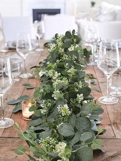 1pc, 70.86in Artificial Eucalyptus Flower Garland With White Flowers, 5.9ft/180cm, Silver Dollar Eucalyptus Leaves Gypsophila Floral Vine, Artificial Green Leaf Vines, Suitable For Couple Dates, Home Decor, Patio Doors, All-Season Celebrations, Wedding Backdrops, Party Wall, Fireplace Mantles, Decorative Hanging Greenery