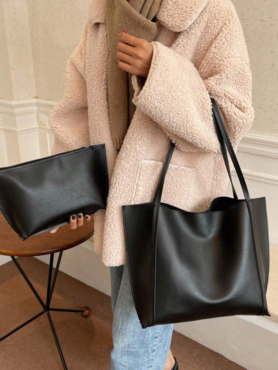 2-Piece Set: Large Capacity Solid Color Tote Bag & Clutch Purse, Minimalist Vintage Style, PU Leather Material, Suitable For Women/Girls Daily Use, Work, Shopping, Mother-Daughter Matching, Ideal Mother's Day Gift - Black - View 1