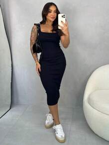 Casual Midi Ribbed Tank Dress In Premium 100% Cotton - 黑色 - 查看 2
