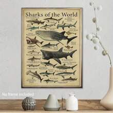 Shark Species Wall Art Poster 1PC - Vintage Ocean Canvas Posters For Home & Office Decor, Optional Frame Educational Marine Life Illustration, Ideal For Bedroom Decor, Living Room Decor, Classroom Decor- Perfect Gift For Sea Life Enthusiasts , Wall Art With Frame