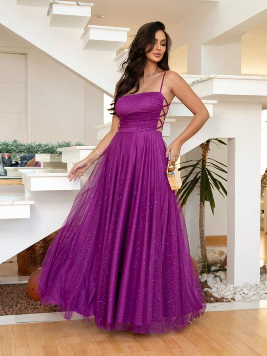 LONG WEDDING DRESS IN TULL WITH BRAIDS AND BRAIDED SHINE - Purple - View 1