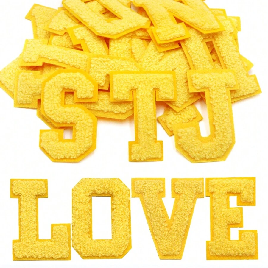 1Pc Yellow Chenille Letters Patches Iron On 2.83inch College Letters Patches For Clothing Embroidered Trimmed Preppy Alphabet Patches For Clothing