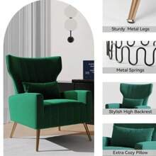 Nalupatio Velvet Fabric Upholstered Reading Comfy Mid Century Modern Armchair With Metal Legs And Spring Support, Accent Chair For Living Room - 綠色 - 查看 5