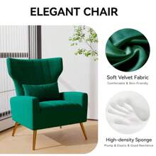 Nalupatio Velvet Fabric Upholstered Reading Comfy Mid Century Modern Armchair With Metal Legs And Spring Support, Accent Chair For Living Room - 綠色 - 查看 4