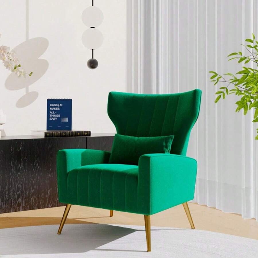 Nalupatio Velvet Fabric Upholstered Reading Comfy Mid Century Modern Armchair With Metal Legs And Spring Support, Accent Chair For Living Room - 綠色 - 查看 1