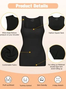 Shapewear Tummy Control Tank Top Compression Tanks For Women Square Neck Seamless Body Shaper Camisole Cami Tops Solid Color Fitted Casual Tank Top For Four Seasons - màu đen - Xem 3