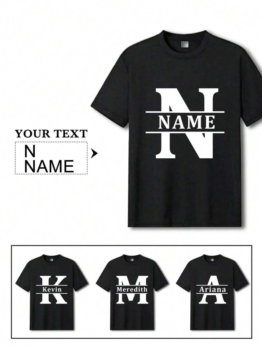 Customized Text Print Crew Neck T-Shirt, Personalized Tee For Baby/Friends/Couples/Family/Pets, Family Gathering Uniform, Holiday Gift, Wedding Gift, Father's Day Gift, Best Friend Gift, Anniversary Gift Fashion, Minimal Chic, Casual Custom, Unique, Personalized Ideal Gifts For Him Family, Boyfriend, Friends, Children For Anniversaries, For Birthdays, For Holiday/Vacation