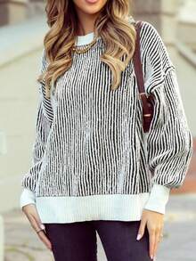 女士休闲宽松撞色拼布立领套头衫 - 黑色 - 查看 7