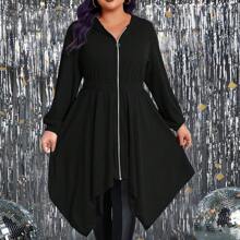 Plus Size Women Hooded Plain Solid Winter Coat Ladies Long Sleeve Zipper Irregular Asymmetrical Hem Hoodies Cardigan Casual Loose Sweatshirt Outwear Overcoat - Black - View 4