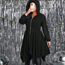 Plus Size Women Hooded Plain Solid Winter Coat Ladies Long Sleeve Zipper Irregular Asymmetrical Hem Hoodies Cardigan Casual Loose Sweatshirt Outwear Overcoat - Black - View 1