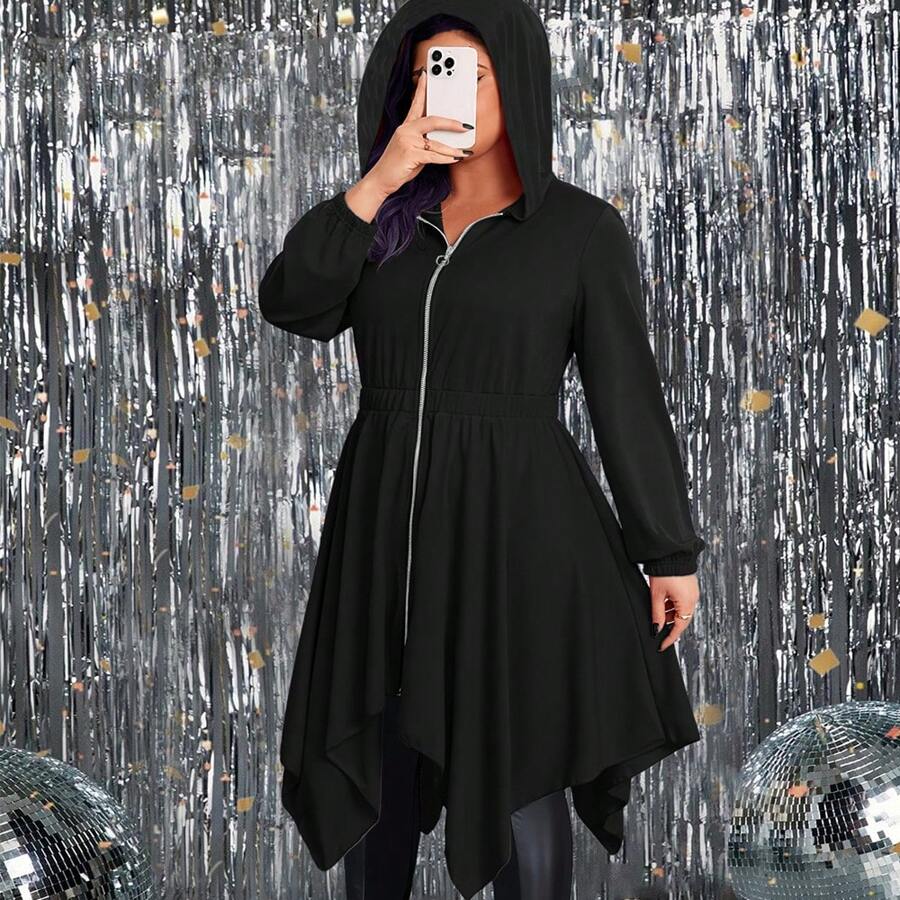 Plus Size Women Hooded Plain Solid Winter Coat Ladies Long Sleeve Zipper Irregular Asymmetrical Hem Hoodies Cardigan Casual Loose Sweatshirt Outwear Overcoat - Black - View 1