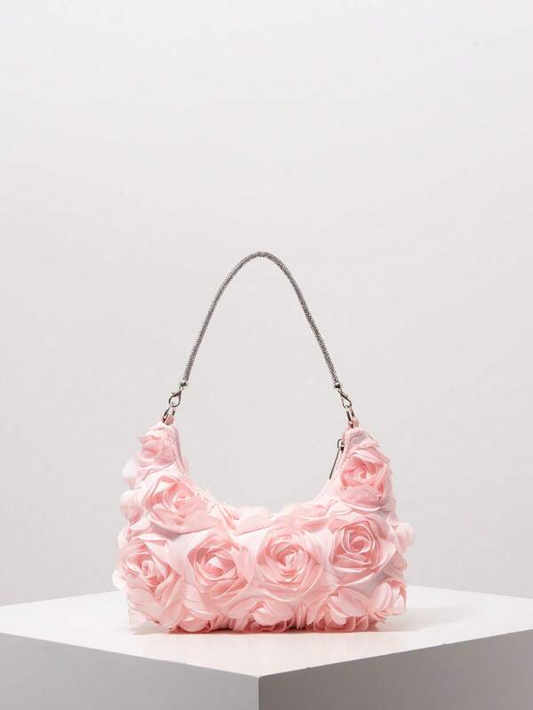Elegant 3D Rose Flower Shoulder Bag, Suitable For Wedding Party, Evening Party, Holiday Party Dress, Party Bag, New Year's Outfit, Bag, Shiny Wallet, Valentine's Day Gift, Bride Bag, Bridesmaid Bag, Suitable For Gatherings, Evening Events, Weddings, Dances (Pattern Random), Exquisite Floral Bag For Women