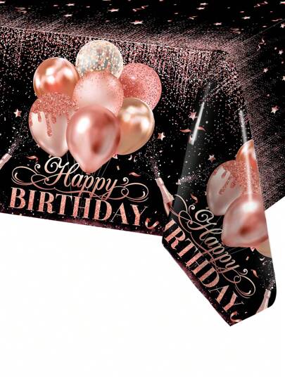 1pc Rose Gold Balloon Birthday Tablecloth, Happy Birthday Party Decorative Table Cover Table Runner, Birthday Party Decor Home Decorations, Birthday Table Ornament Disposable Rectangular Table Cloth, Birthday Gift Party Favor, Birthday Background Decoration, Ladies' Birthday Decoration