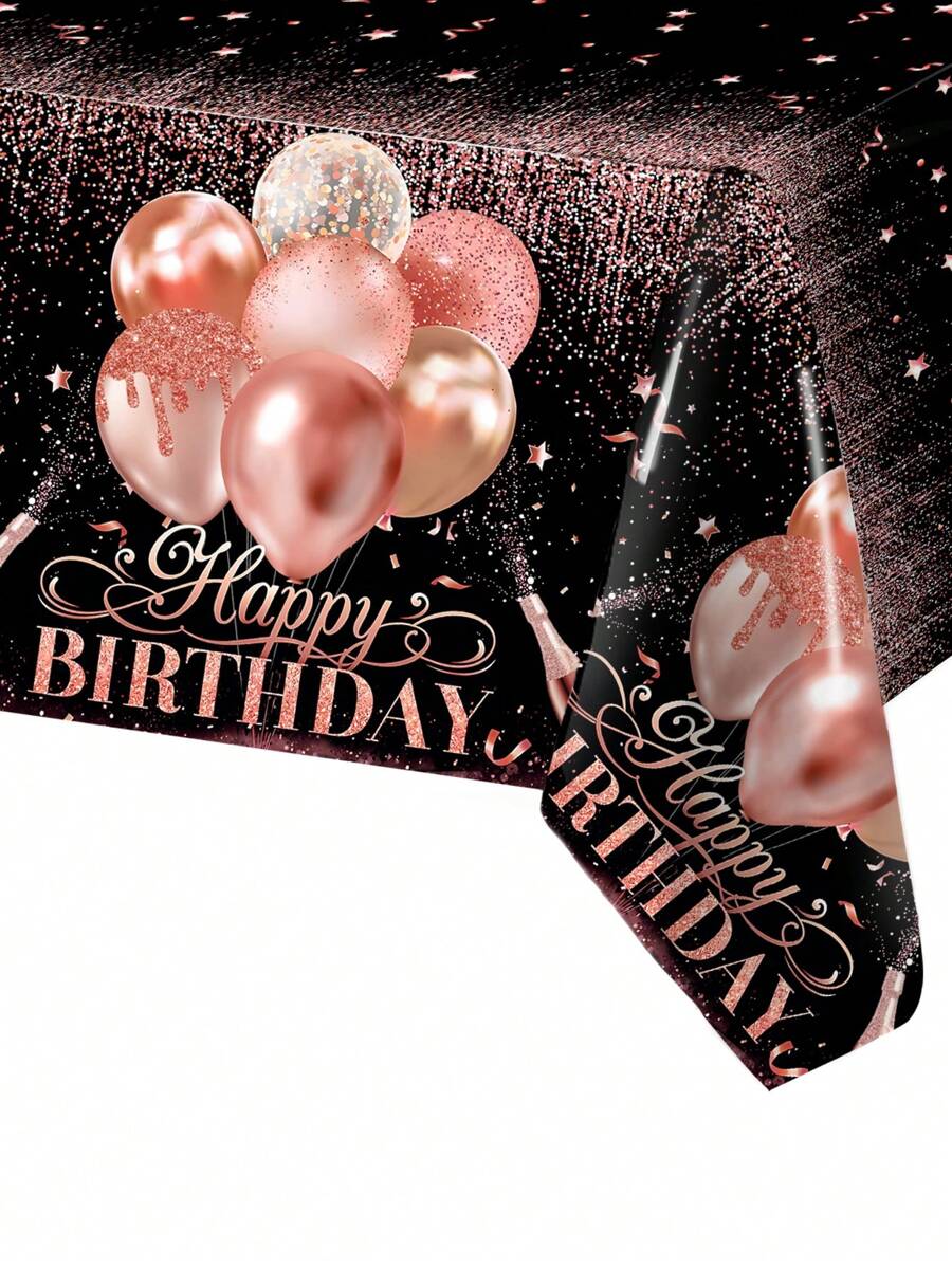1pc Rose Gold Balloon Birthday Tablecloth, Happy Birthday Party Decorative Table Cover Table Runner, Birthday Party Decor Home Decorations, Birthday Table Ornament Disposable Rectangular Table Cloth, Birthday Gift Party Favor, Birthday Background Decoration, Ladies' Birthday Decoration - Rose Gold - View 1