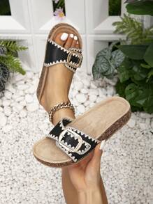 Sandalias casuales cómodas con plataforma de cuña de corcho y hebilla de metal para mujeres