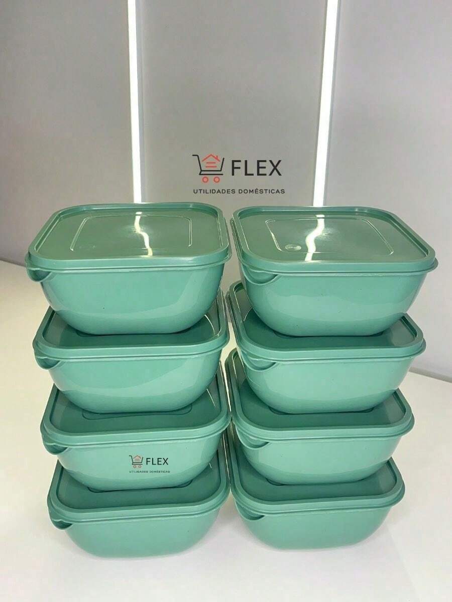 Set Of 8 Plastic Pots - 1 Liter Square - Tapoer - Food Organizer - Microwave And Freezer - 軍綠色 - 查看 1