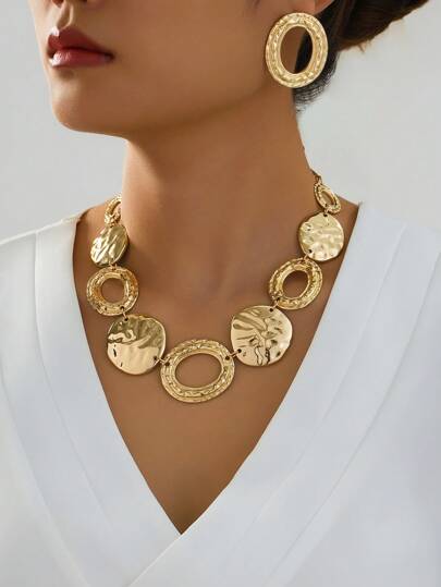 New Fashion Metal Style Earrings And Necklace Jewelry Set, Gold Color, Stylish Autumn/Winter Accessories