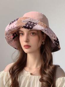LEAJOURNO. 1pc Reversible Floral Print Sun Hat, Women Spring Summer Large Brimmed Polyester Bucket Hat With Bendable Wire Frame For UV Protection