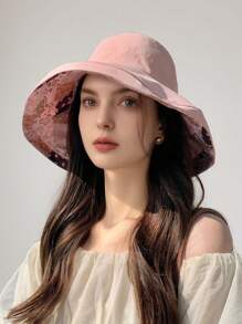 LEAJOURNO. 1pc Reversible Floral Print Sun Hat, Women Spring Summer Large Brimmed Polyester Bucket Hat With Bendable Wire Frame For UV Protection
