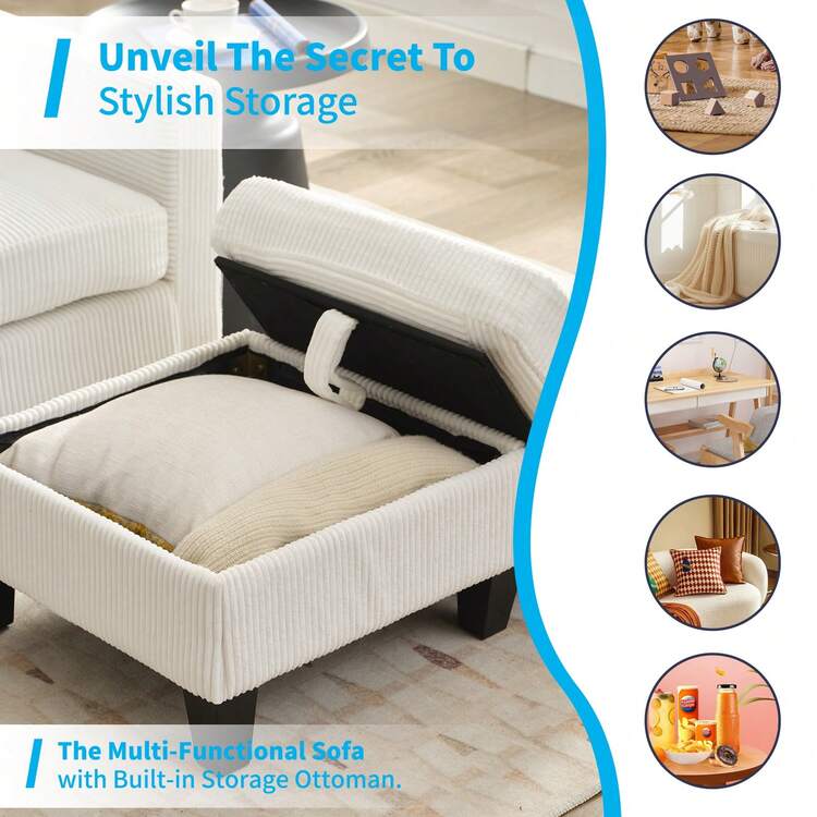 Modern L Shaped Small Sofa Couch,3-Seater Corduroy Sectional Sofa With Storage Ottoman For Living Room, Apartment And Office - 米色 - 查看 10