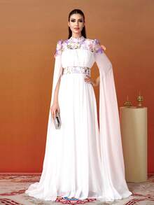 Missord Style Round Neck Long Sleeve Chiffon Patchwork Dress - White - View 7