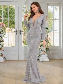 长袖 V 领美人鱼下摆亮片礼服、派对礼服、婚礼宾客礼服、晚礼服、长袍 - 灰色 - 查看 6