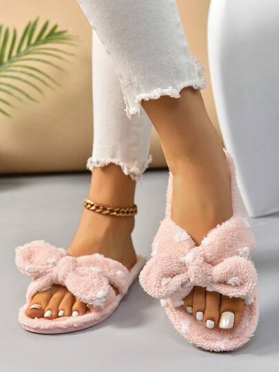 女士波尔卡圆点蝴蝶结毛绒拖鞋，舒适的露趾平底室内鞋，温暖毛绒拖鞋，柔软舒适 女士波尔卡圆点蝴蝶结毛绒拖鞋 - 柔软温暖，安静的鞋底，舒适的室内