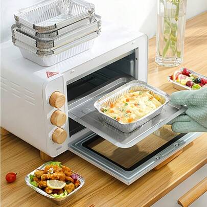 50 件装带透明盖的铝锅、铝箔锅、外带食品容器，铝箔密封性好，保鲜防溢，7.3 英寸 X 5.2 英寸 X 2 英寸