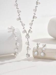 1 Set Fashionable Minimalist Wedding Jewelry Faux Pearl & Diamante Necklace, Earrings, Bracelet Suit For Women Wedding Party