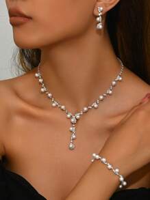 1 Set Fashionable Minimalist Wedding Jewelry Faux Pearl & Diamante Necklace, Earrings, Bracelet Suit For Women Wedding Party