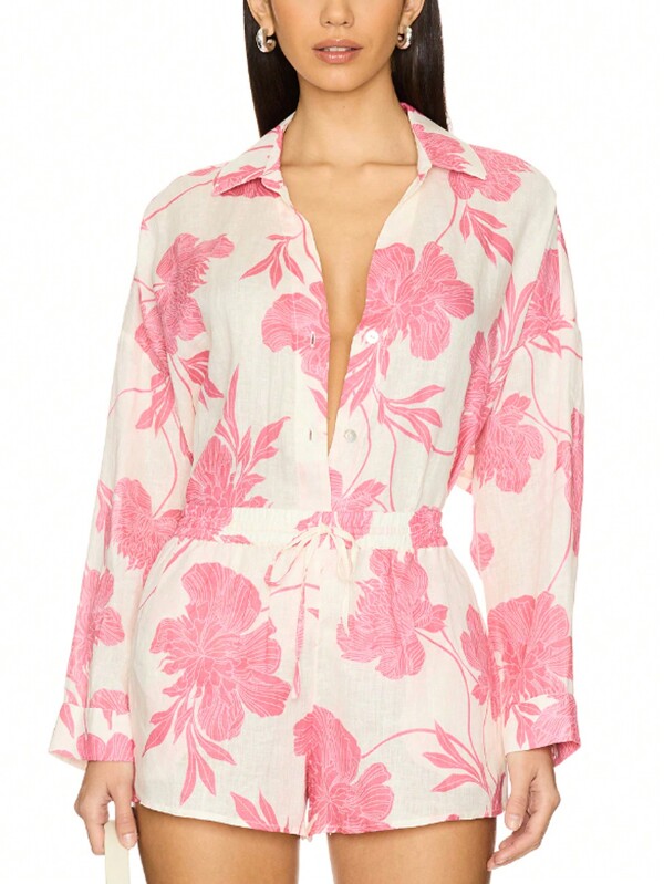 Women Floral Print Long Sleeve Single-Breasted Shirt And Shorts Set