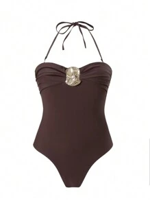 Women's Solid Color Pleated Chest Sexy One-Piece Swimsuit With Detachable Shoulder Straps And Metal Decoration Summer Elegant - Brown - View 4