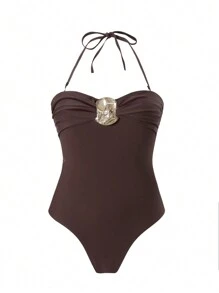 Allurini Traje de baño de una pieza en unicolor, de pecho plisado, sexy, con tirantes desmontables y decoración metálica para el verano