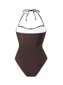 Women's Solid Color Pleated Chest Sexy One-Piece Swimsuit With Detachable Shoulder Straps And Metal Decoration Summer Elegant - Brown - View 5