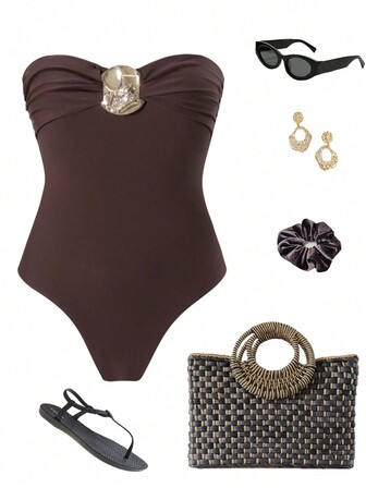 Bikinx Women's Solid Color Pleated Chest Sexy One-Piece Swimsuit With Detachable Shoulder Straps And Metal Decoration Summer