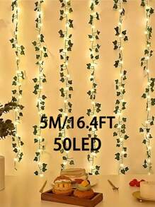 1 Green Ivy Leaf Fairy String Light, 20/50/100LED Battery Powered Artificial Flower Garland Vine, Plastic Material, With Switch Control, Suitable For Bedroom Wedding Party Holiday Decoration, Flower Theme, No Battery