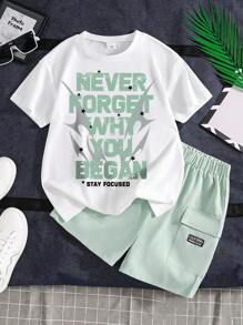 Tween Boy Letter Print Short Sleeve T-Shirt And Solid Cargo Shorts Set - Green - View 1