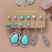 24 pièces/6 pièces Set de boucles d'oreilles résine à pompons bohèmes vintage, boucles d'oreilles à tige et pendantes en forme de cœur, lune, fleur. Convient pour les voyages, les tenues casual quotidiennes