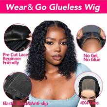 10-16inch Curly Wear And Go Glueless Short Bob Wig Human Hair Ready To Wear Human Hair Wigs For Women 4x4 Wet And Wavy Bob Wigs Human Hair 180% Density Brazilian Hair 10A Top Quality 3 Days Delivery - Natural Black - 查看 5