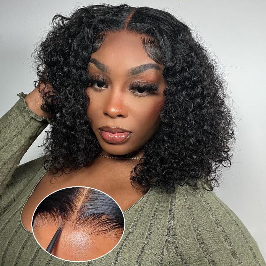 10-16inch Curly Wear And Go Glueless Short Bob Wig Human Hair Ready To Wear Human Hair Wigs For Women 4x4 Wet And Wavy Bob Wigs Human Hair 180% Density Brazilian Hair 10A Top Quality 3 Days Delivery - Natural Black - 查看 1