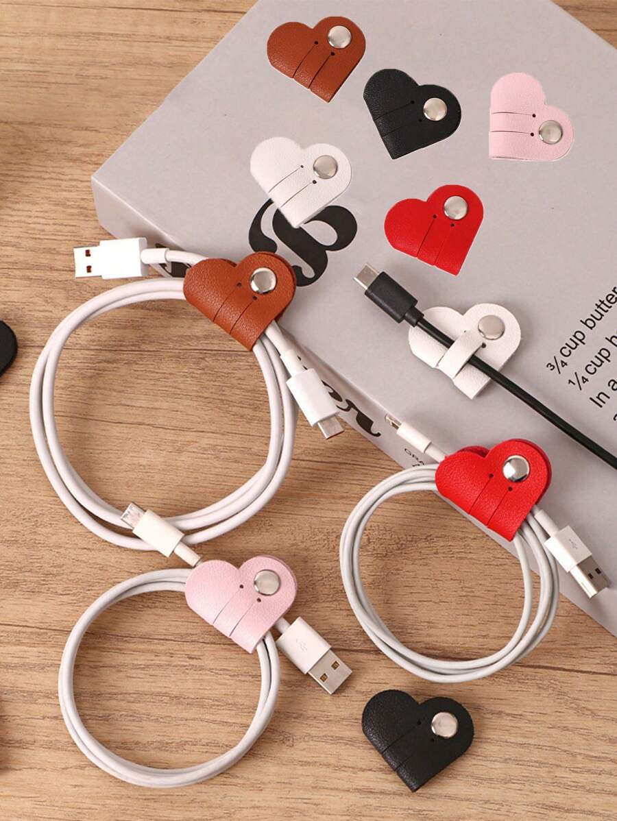 15/8/6/3/1pc 心形线收纳器、USB 线收纳器、皮革线收纳器、心形管理耳机绕线器、线束固定器、整理耳机线、可爱耳机盒礼物，适合女性女孩