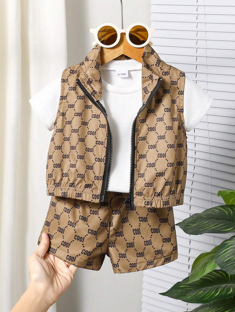 Baby Boy Letter Graphic Print T-Shirt & Vest With Shorts Set