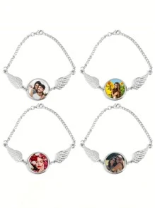 1 Customized Photo Bracelet With Angel Wings - Elegant Personalized Picture Charm Bracelet, Suitable For Women - Alloy Uncoated Jewelry, Suitable For Daily Wear - Unique Gift, Suitable For Girlfriends, Mother's Day, Christmas
