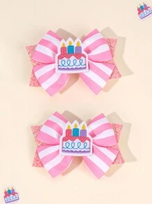 2pcs/Set Cute Birthday Hair Clips For Girls, Shiny Cake Decor Bow Hair Clips, Happy Birthday, Birthday Party Hair Accessories - Multicolor - View 1