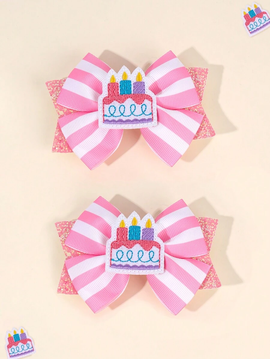 2pcs/Set Cute Birthday Hair Clips For Girls, Shiny Cake Decor Bow Hair Clips, Happy Birthday, Birthday Party Hair Accessories - Multicolor - View 1
